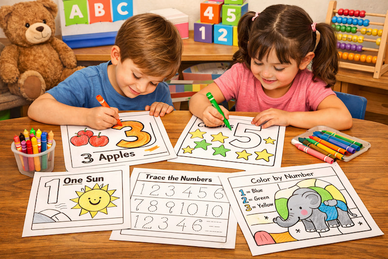 Children engage in learning the numbers using a coloring book with bright illustrations.