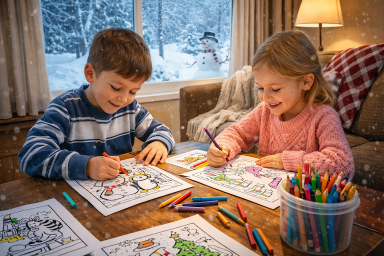 Kids coloring on snowed in days stuck at home using printable coloring sheets for a cozy winter activity