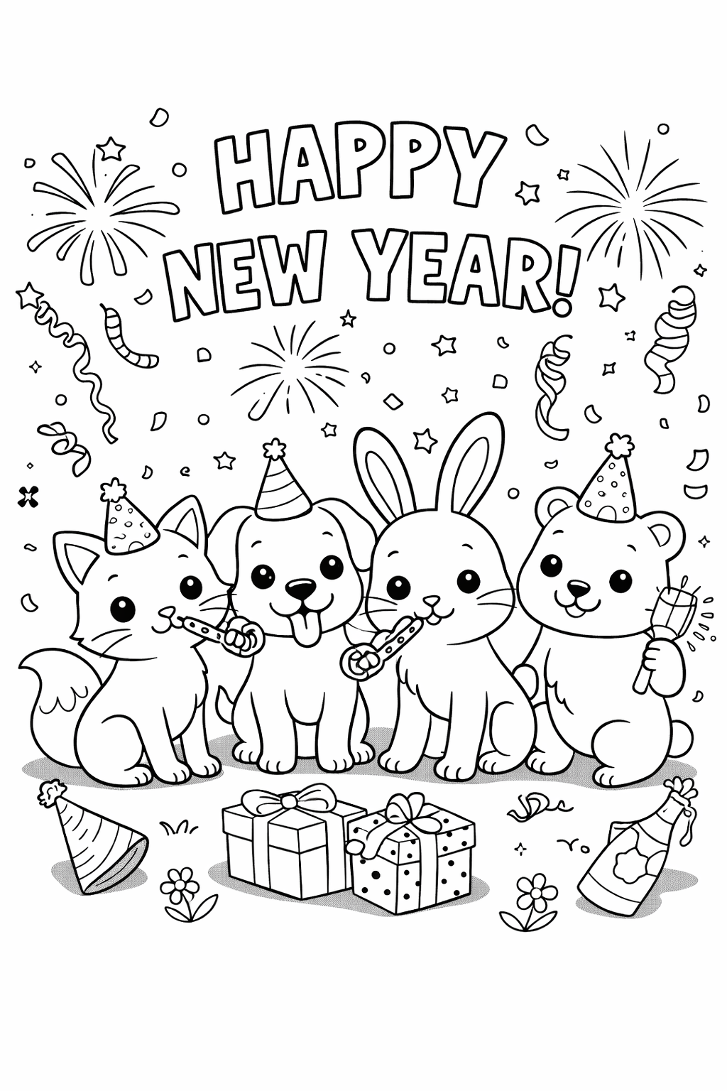 Happy New Year Animals Celebration Coloring Page