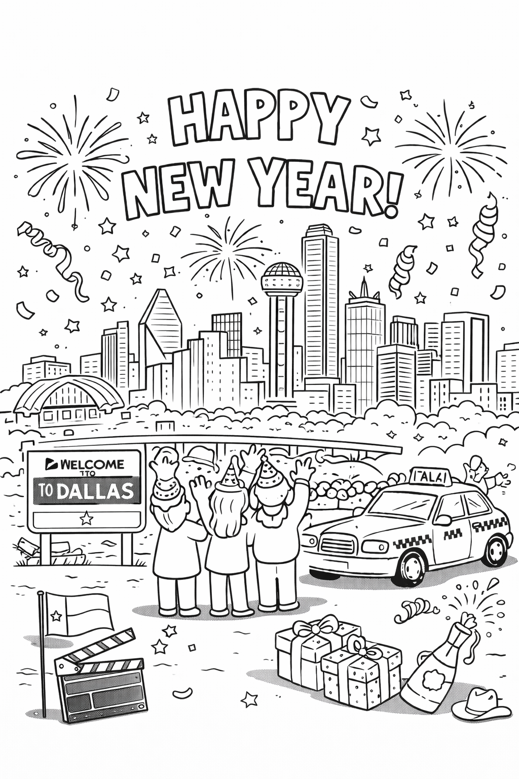 Happy New Year Dallas Celebration Coloring Page