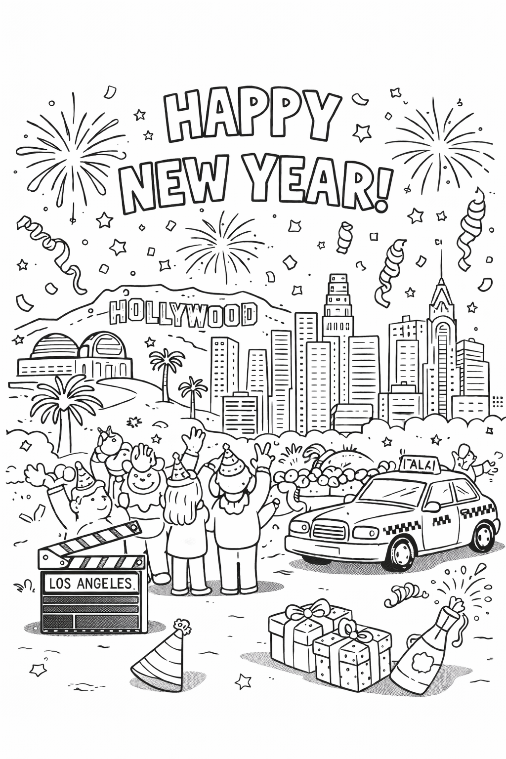 Happy New Year Los Angeles Celebration Coloring Page
