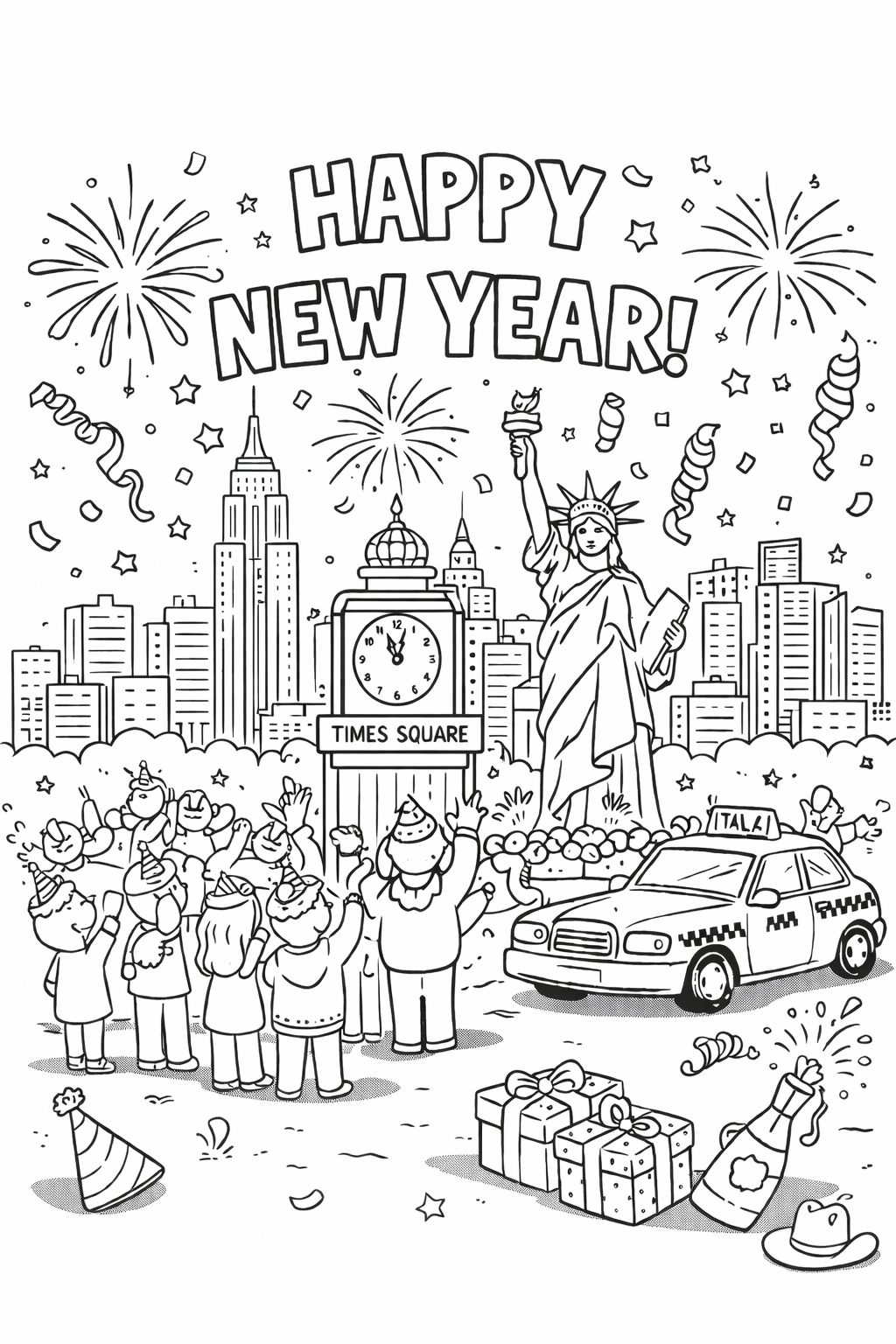 Happy New Year New York Celebration Coloring Page