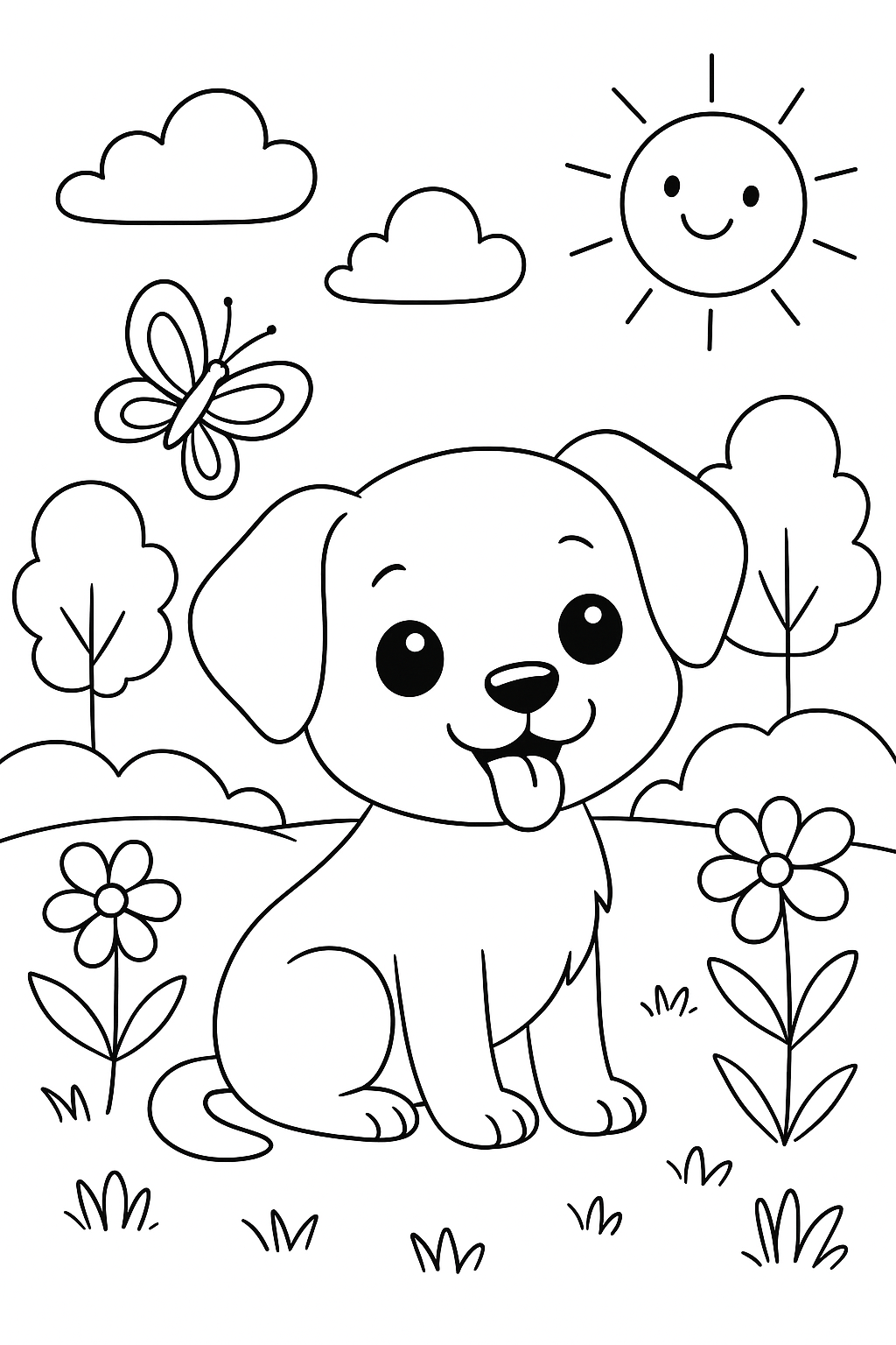 Puppy with Butterfly, Sun, and Flowers Coloring Page