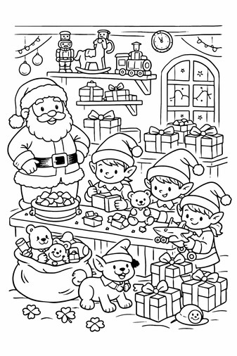 Elves working in Santa's workshop making toys for Christmas