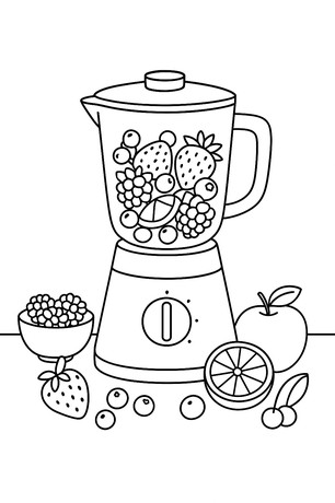 Blender with fruits, berries, apples, oranges, strawberries