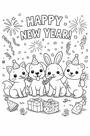 Animals celebrating Happy New Year with fireworks