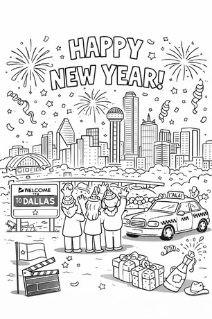 Happy New Year Dallas celebration coloring page