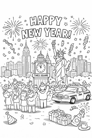 Happy New Year New York celebration coloring page
