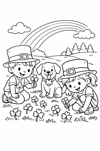 St. Patrick's Day kids and dog in clover field with shamrocks and rainbow