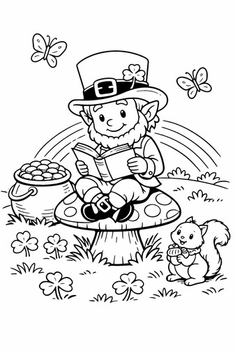 St. Patrick's Day leprechaun reading a book on a mushroom with shamrocks