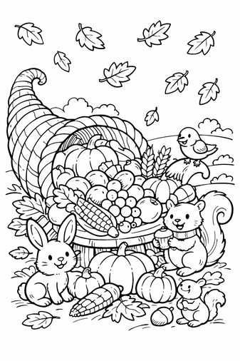 Animals gathered around a cornucopia with pumpkins and vegetables for Thanksgiving