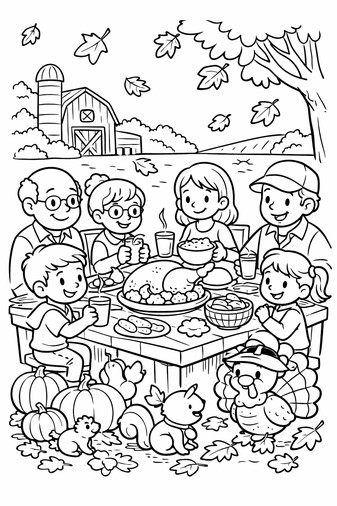 Family enjoying a Thanksgiving feast around a table with fall decorations
