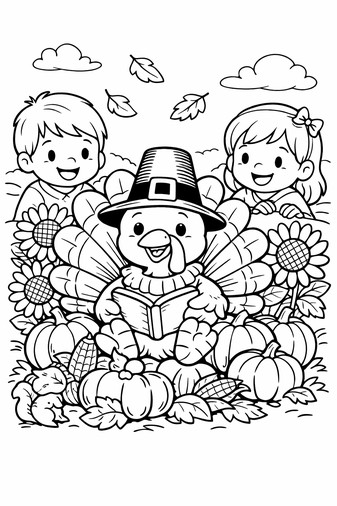 Turkey wearing a pilgrim hat surrounded by pumpkins and harvest foods for Thanksgiving