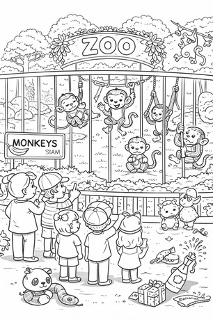 Monkeys in the zoo coloring page